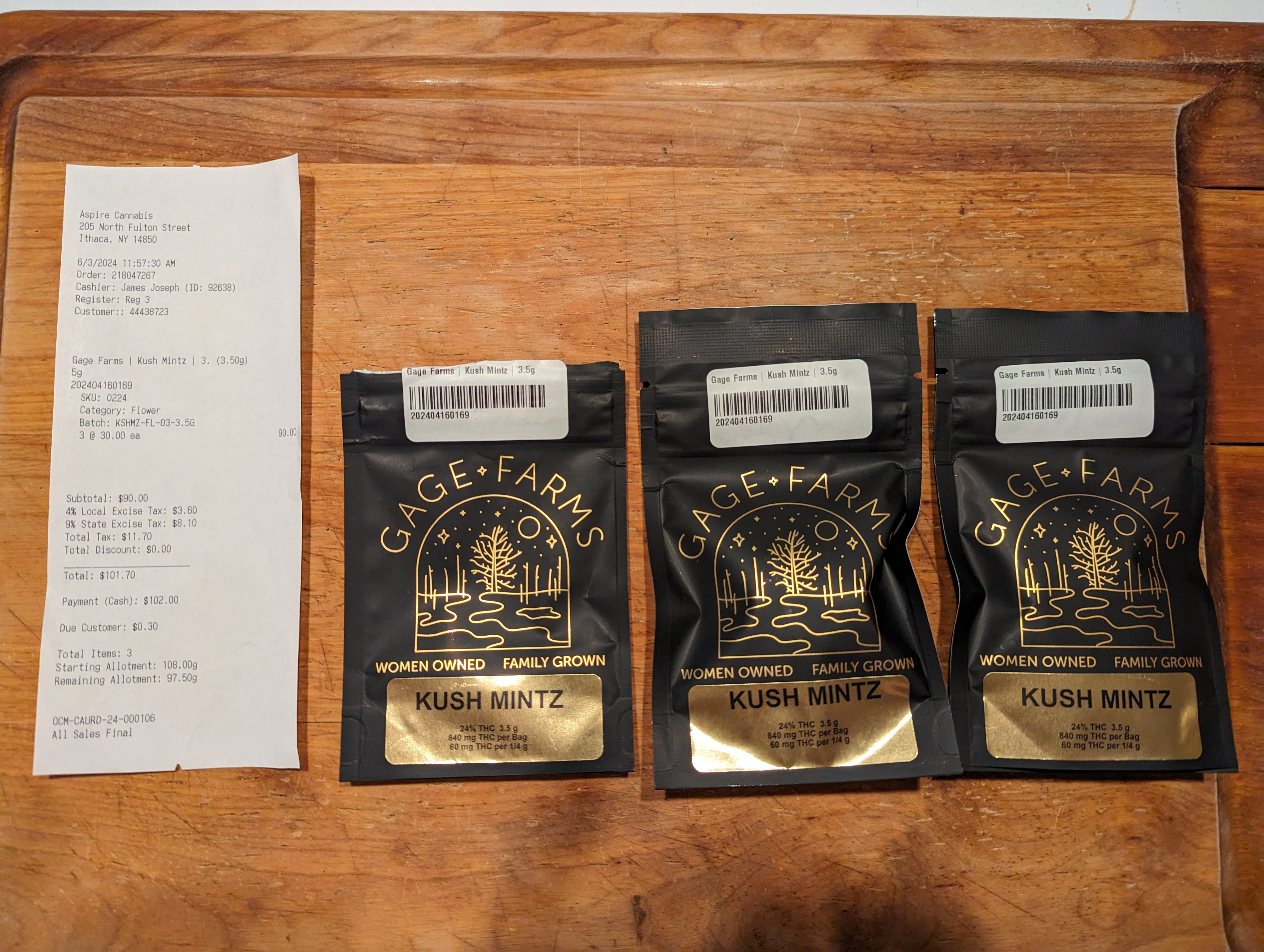 ./2024-06-03 - Aspire MJ Purchase - Aspire Cannabis Ithaca - PXL_20240603_233958279 - GAGE FARMS 'Kush Mintz' Flower 3.5 gm X 3 - $101.70.jpg